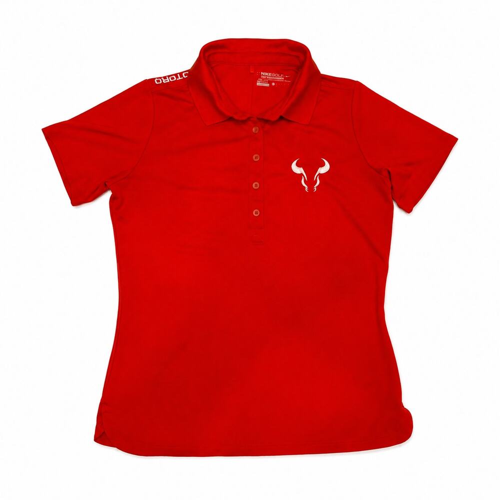 Nike Golf Tour Performance Womens M Red Dri-FIT Polo Bull Logo Short Sleeve